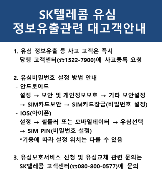 SK텔레콤 유심 정보유출관련 대고객안내